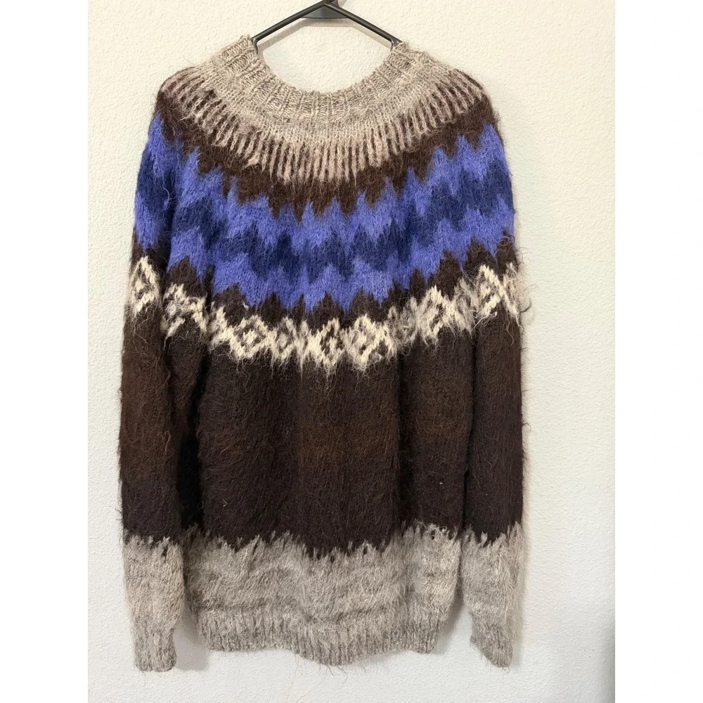 Vintage 90s Rev Wear 100% Alpaca Wool Fair Isle Sweater M Men Brown Blue Bolivia
